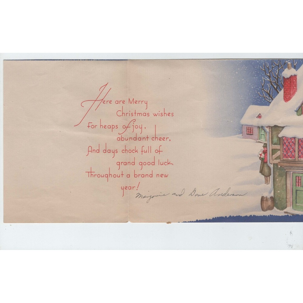Vintage 1950s Christmas Greeting Card Snowy Village Carolers Sleigh VG - Picture 2 of 2